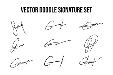 Handwritten signatures set. Collection of vector fictitious autograph doodles on G letter. Business documentation lettering. - obrazy, fototapety, plakaty