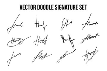 Handwritten signatures set. Collection of vector fictitious autograph doodles on H letter. Business documentation lettering. - obrazy, fototapety, plakaty