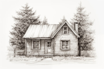 An illustration of an old wooden small house in hanndrawn sketch style. Old vintage postcard. 
