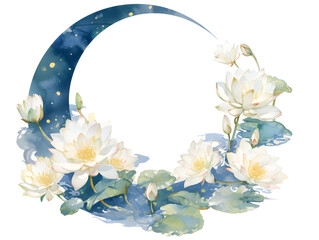 Floral Moon and Water Lilies on a white background,Generative AI