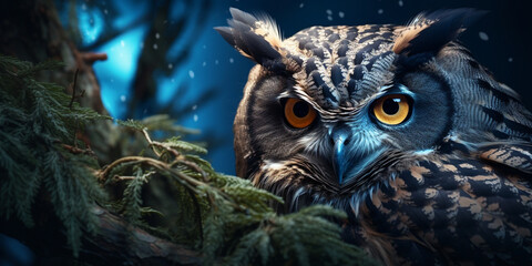 The owl surrounded by forest at night, European eagle owl perched on a post and staring forward against a dark background. 