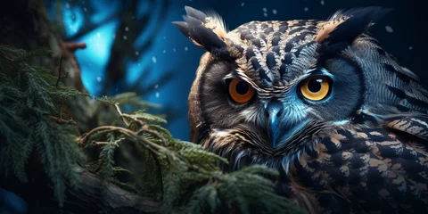 Poster The owl surrounded by forest at night, European eagle owl perched on a post and staring forward against a dark background.  © Fatima