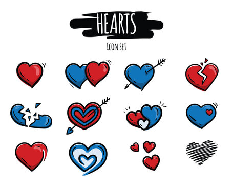 Vector hand drawn set of colored icons for Valentine's day with red and blue hearts, broken heart, cupid's arrow
