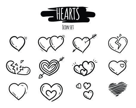 Vector hand drawn set of black on white Valentine's day icons with hearts, broken heart, cupid's arrow and other.