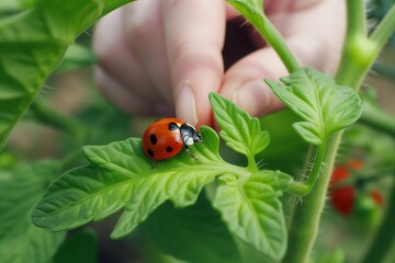 ladybug on a tomato leaf, hand in background