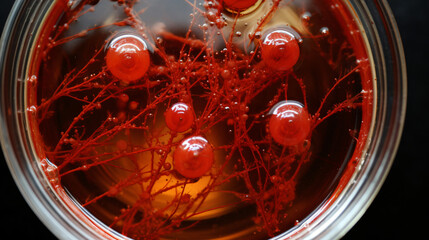 Grown red mold in a glass petri dish