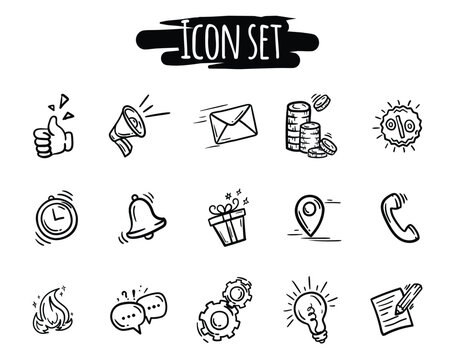 Vector hand drawn set of black on white icons for mobile application and website: contacts, location, message and more.