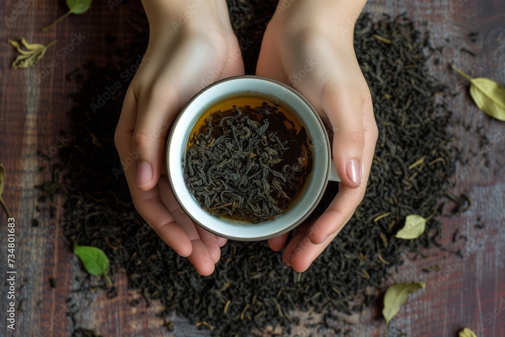 Poster hands holding a hot tea mug, surrounded by tea leaves