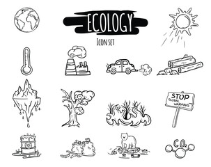 Vector hand drawn set of black on white icons of ecology, global warming, climate change and environmental disaster.