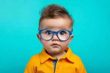 Stylish Toddler in Trendy Blue Glasses and Yellow Shirt on Teal Background