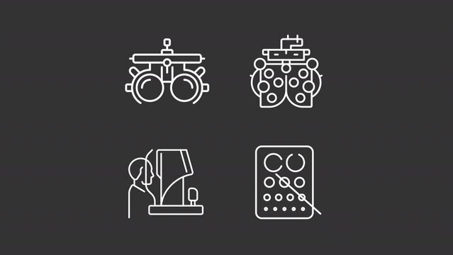 Eye testing animation library. Vision exam animated white line icons. Optometrist diagnostic. Perception correcting. Isolated illustrations on dark background. Transition alpha. HD video. Icon pack