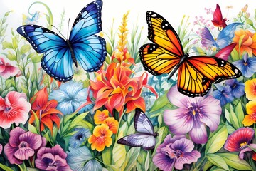 Fototapeta na wymiar Vibrant butterflies fluttering around a blossoming garden, line drawing, no background, no detail, no color.