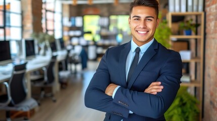 Fototapeta premium portrait smiling handsome entrepreneur wearing classic suit in background of his office