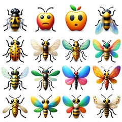 Exquisite Set of Insects Icons with Vibrantly Colored Wings, Highlighting Nature's Artistry in style of Emoji