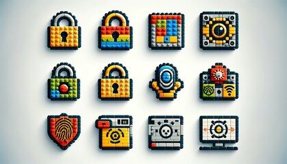 Creative Collection of Security App Icons Designed with Colorful Building or Lego Blocks for a Playful Interface - obrazy, fototapety, plakaty
