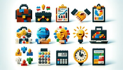 Naklejka premium Creative Collection of Security App Icons Designed with Colorful Building or Lego Blocks for a Playful Interface