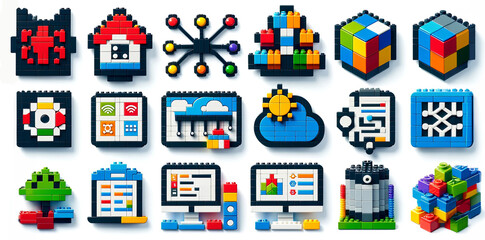 Intricately Designed LEGO Programming Icons Depict Diverse Tech Concepts and Digital Operations in Vivid Blocks. Set of programmer icons, each meticulously designed from Lego blocks. - obrazy, fototapety, plakaty
