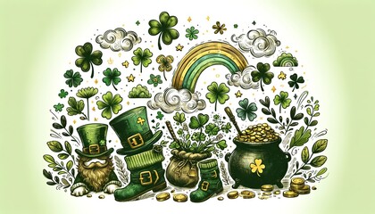 A Charming Collection of Hand Drawn St. Patrick's Day Illustrations, Overflowing with Clovers, Rainbows, and Irish Folklore.