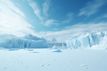 Expansive Antarctic landscape with ice formations under clear blue skies