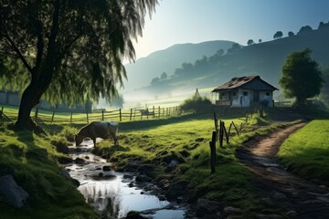Tranquil farmhouse scene with a cow drinking from a stream at sunrise.