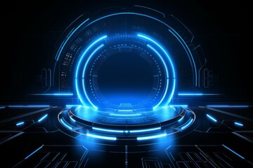 An illuminated blue circular portal interface with a futuristic technology design.
