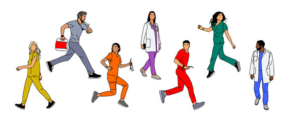 Fototapeta na wymiar Set of Doctors, nurses, paramedics in medical uniform scrubs and gowns running, walking in a hurry to save lives. Different hospital workers with stethoscopes. Vector outline hand drawn illustrations.