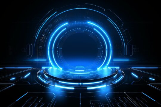 An illuminated blue circular portal interface with a futuristic technology design.
