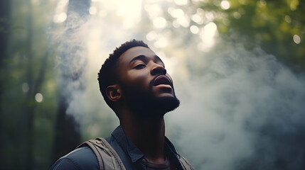 portrait of a black man standing in garden with eyes close and there is smoke behind him 