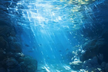 Illustrated underwater scene with sunbeams and marine life