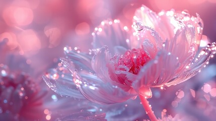 magic beautiful clear flower with droplets on pink floral background, for screensaver