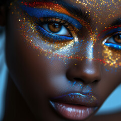 Auge Make up einer afroamerikanischen Frau in fantastischer Glitzer Dekoration Visagistik Nahaufnahme, ai generativ - obrazy, fototapety, plakaty