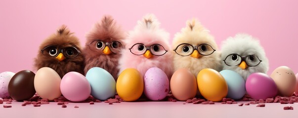 Fototapeta premium Easter chicks with glasses on a pastel background, surrounded by chocolate easter eggs