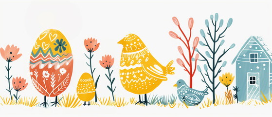 Horizontal Easter doodle floral pattern, Scandinavian art