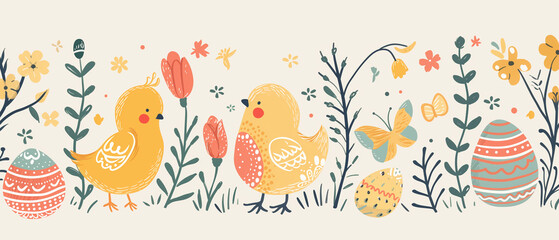 Obraz na płótnie Canvas Horizontal Easter doodle floral pattern, Scandinavian art