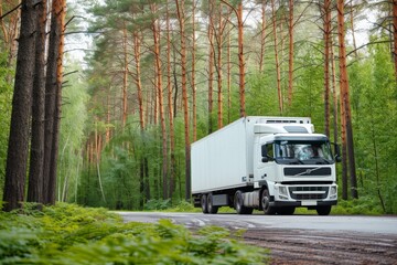 transportation concept, white truck on urgent delivery in highway winding through forested landscape