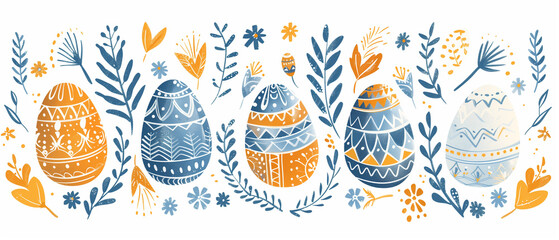 Horizontal Easter doodle floral pattern, Scandinavian art