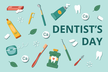 Dentist's day background. Set of oral care elements. Oral and dental care concept. Dental care objects.