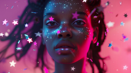 young african american woman with silver paint and stars floating, High Fashion model portrait beautiful lips and face woman in colorful pink neon uv lights posing in studio
