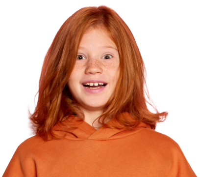 Emotional redhead little girl, child with freckled face smiling with excitement isolated over transparent background. Concept of childhood, emotions, lifestyle, fashion, happiness - Powered by Adobe