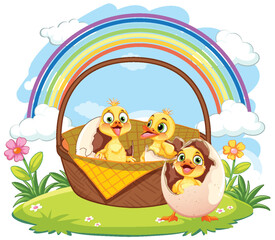Obraz premium Cute chicks in a basket under a colorful rainbow