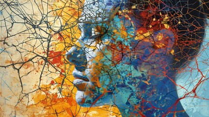 An abstract representation of thoughts and emotions depicted as vibrant, interconnected threads weaving through a cracked, mosaic-like mind.