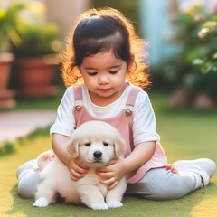 girl playing with labrador puppy in the garden
small child playing with a dog in the garden