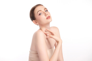 Naklejka premium Beautiful young woman with clean fresh skin on white background, Face care, Facial treatment, Cosmetology, beauty and spa, women portrait.