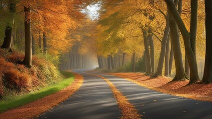 Naklejka na ściany i meble Golden Autumn Drive: A Journey Through a Sunlit Forest Pathway”