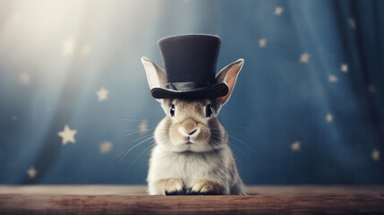 Cute Bunny rabbit wearing a magician's hat while performing in a magic show. Copy space. space for text