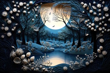 An ethereal paper moonlit forest, where delicate trees with finely cut leaves cast enchanting shadows on a serene pond.