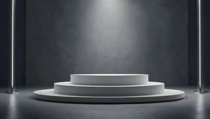 A white stage podium stand, specifically crafted for product showcase displays, enhanced by a grey color background for impactful commercial presentations.