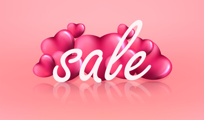 Happy Valentine's Day sale banner vector. Love card on pink background with 3d cartoon red heart. 14 February illustration.	
