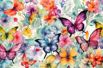Vibrant butterflies fluttering around a blossoming garden, line drawing, no background, no detail, no color.