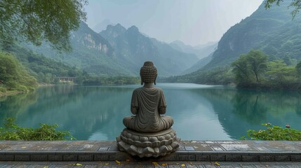 湖の上に座るブッダ像,Generative AI AI画像